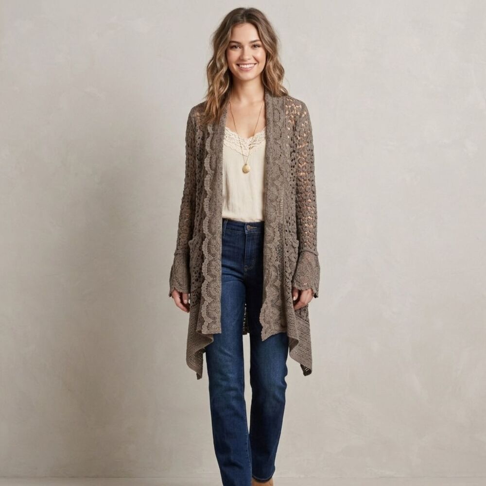 Johnny Was Flower Crochet Cardigan Gray Open Knit Bell Sleeve Lace Women Small